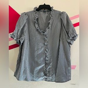 EMERY ROSE Gingham ruched trim puff sleeve blouse.